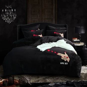 

winter Flannel Black embroidery Luxury girls boys Bedding Sets Queen Size Bed set Fleece fabric Bed Sheet Duvet Cover /Pillowcas