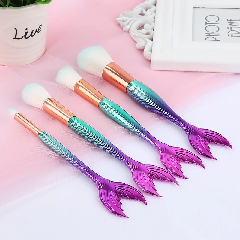

ELECOOL 4pcs Plastic handle Mermaid tail Nylon Makeup Brushes Set Eyebrow Blush Cosmetic Concealer Contour Makeup Brushes Set