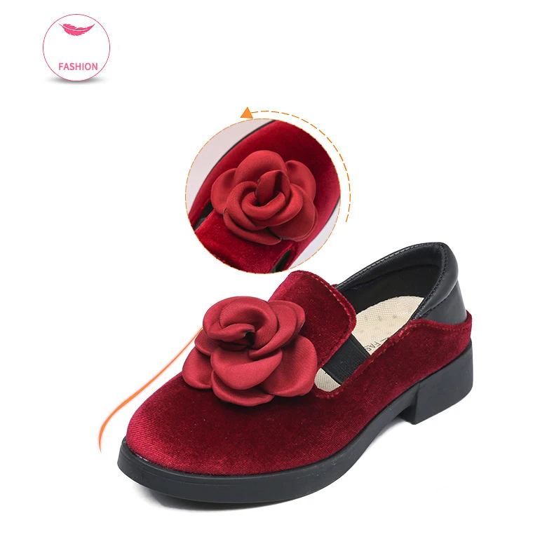 Детская обувь принцессы для девочек; коллекция года; сезон осень; детская бархатная кожаная обувь на высоком каблуке; цвет красный, розовый, серый; вечерние модельные туфли с цветочным узором для девочек