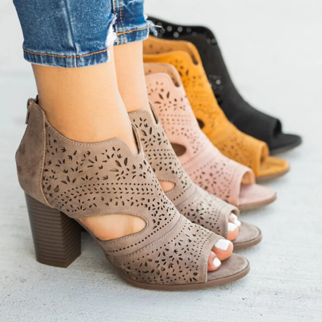 

2019 Fashion Heels Women Sandals Summer Shoes Casual Shoes Boots Chic Laser-Cut Sandal Heels Zipper Fish Mouth Sandals