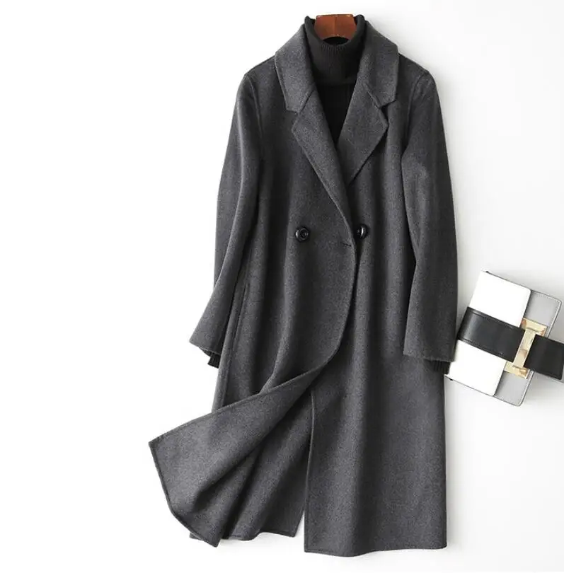 Осеннее и зимнее двухстороннее пальто из чистого кашемира Женская куртка длинная свободная шерстяная однотонный кардиган размера плюс 2XL - Цвет: dark gray