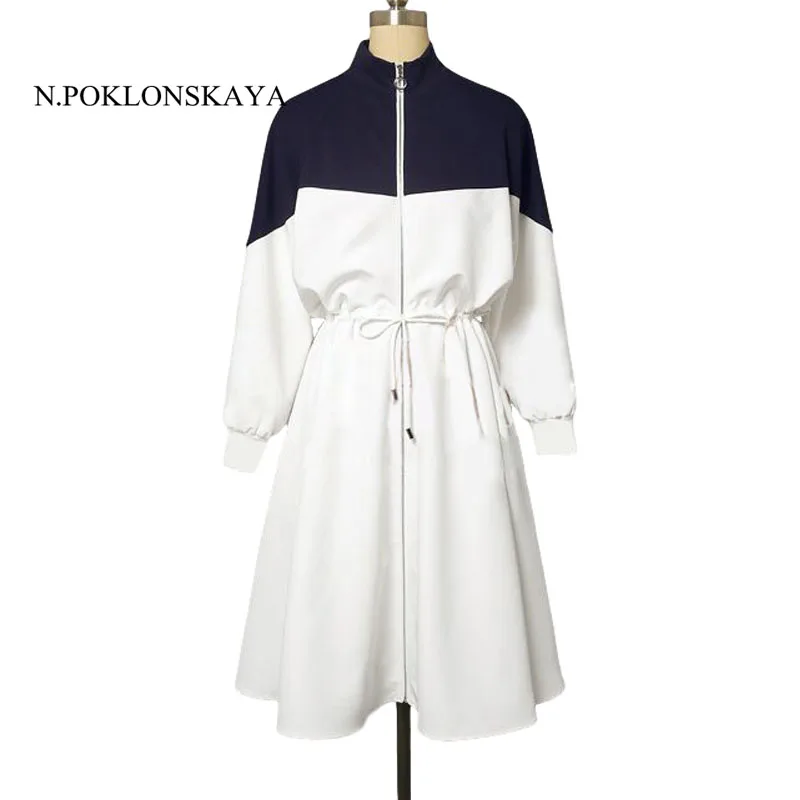 

Casual Women Dress Spring Stand Blue White Bow Zipper Korean Style Elegant Female Runway Midi Dresses Vestidos womens clothing
