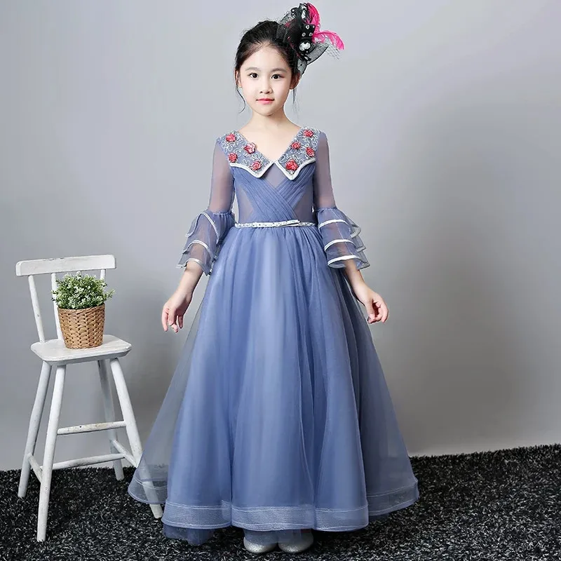 

2019Fashion Flare Sleeves Children Girls Princess Birthday Evening Party Mesh Dress Teens Formal Pageant Wedding Holiday Dress