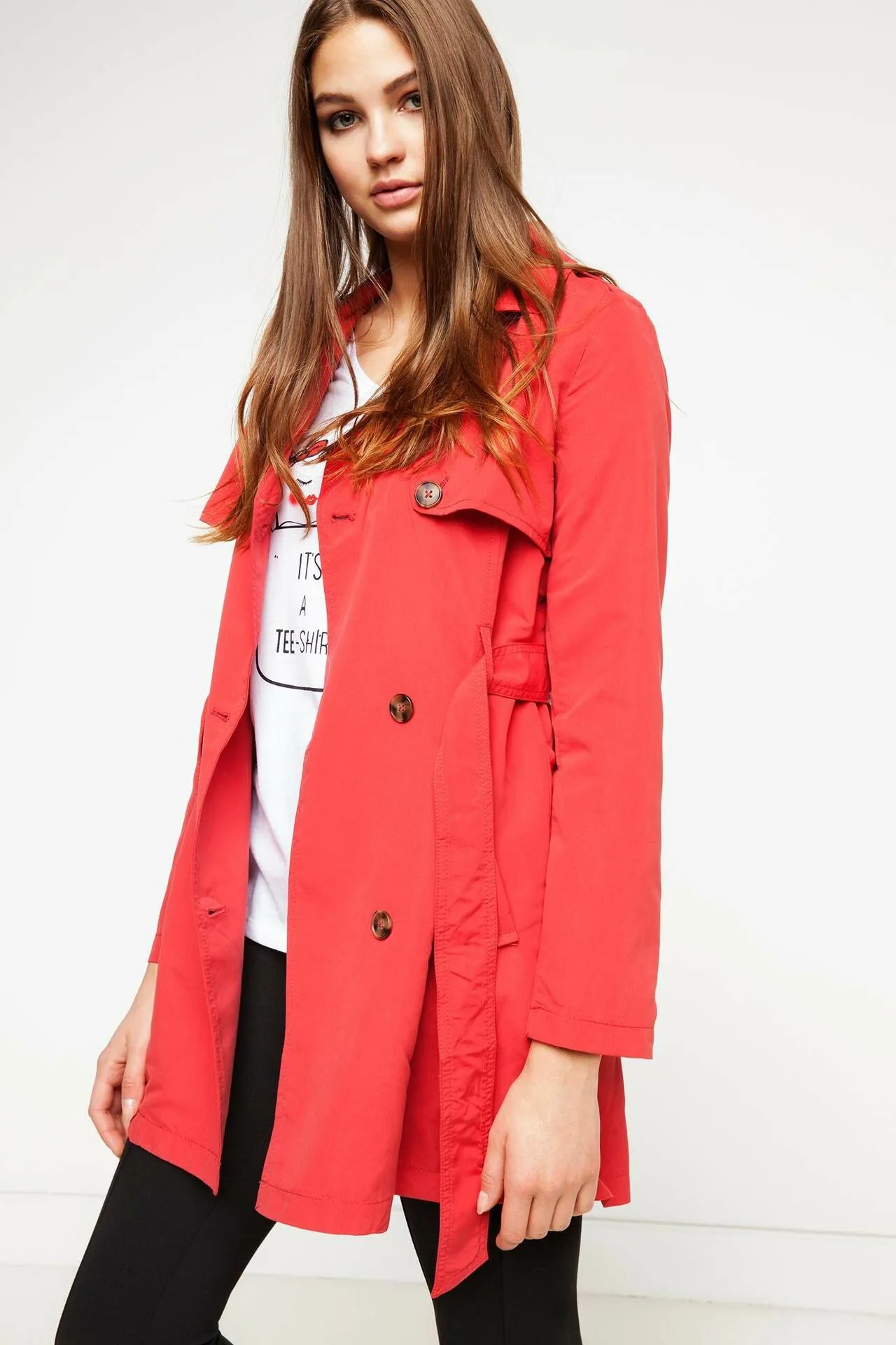 

DeFacto Fall Bright Red Color Woman Outer Wear Long Basic Jacket Casual Autumn Trenchcoat Overall Casaco G5636AZ17SPBR187