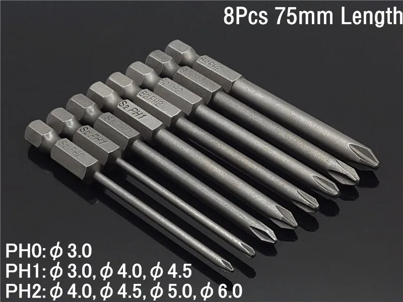 8 шт. 75 мм длинные магнитные шестигранные крестовые головки отвертки биты электрическая отвертка набор S2 PH0, PH1, PH2