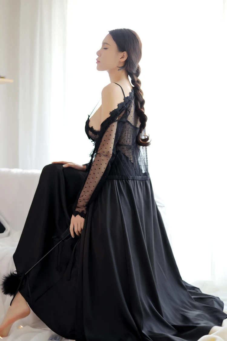 Сексуальный комплект из сатиновой сетки Guaze халат и платья, тонкое красивое длинное платье с v-образным вырезом сзади, ночная рубашка, одежда для сна, банные халаты - Цвет: Black Robe