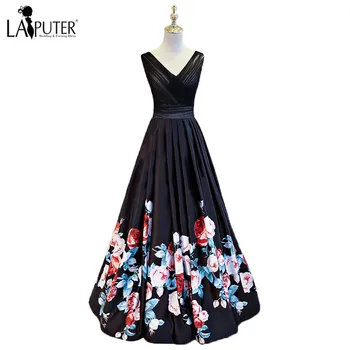 

Sexy V-neck Pleats Floral Print Evening Dresses Floor Length Long Lace Up Back Flowers Printed Party Prom Dress Formal Gowns