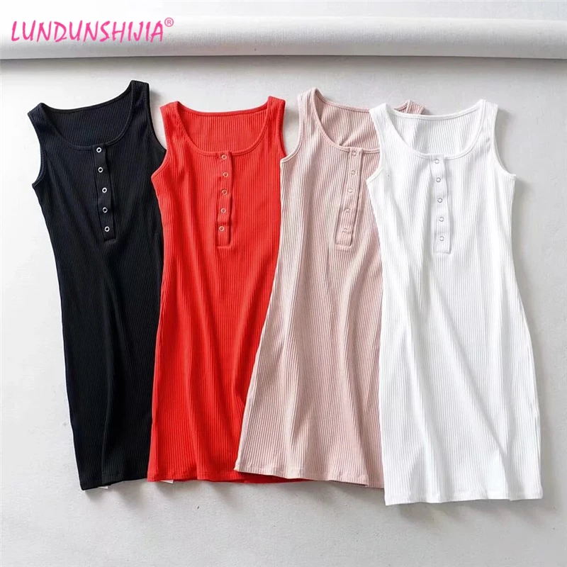 

LUNDUNSHIJIA High Quality Ribbed Button O-Neck Sleeveless Dress Sexy Tight Buttocks Dresses Bodycon Vestidos 4 Colors