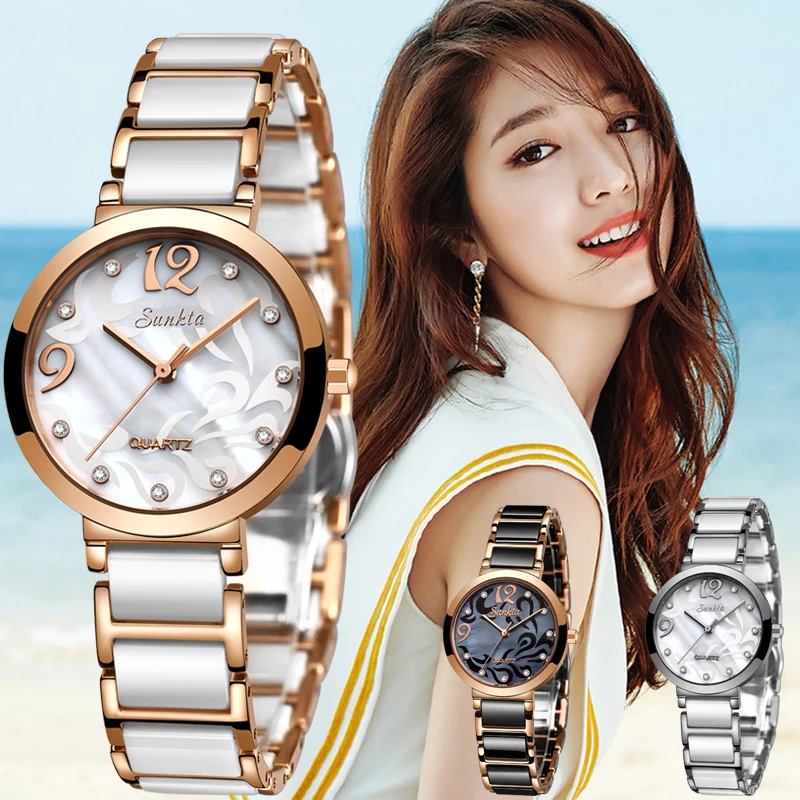 2021 SUNKTA New Rose Gold Ceramic Strap Women Watches Fashion Simple Casual Clock Quartz Waterproof Watch Zegarek Ddamski | Наручные часы