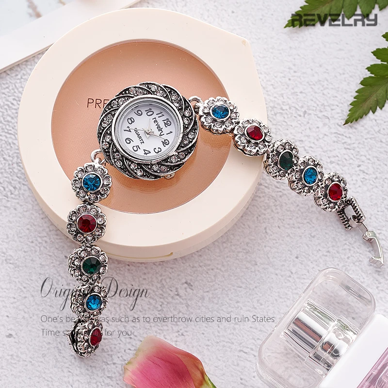 

REVELRY Women Dress Watches Luxury Brand Ladies Quartz Watch Colorful Crystal Bracelet Band Casual Gold Bracelet Wristwatch