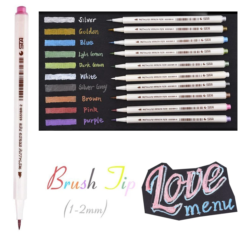 

STA 10 Colors Lot Metallic Marker Pen DIY Scrapbooking Crafts Soft Brush/Hard Pen Art Marker Pen For Stationery School Supplies
