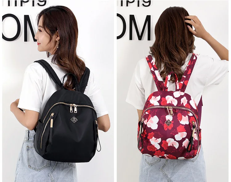 Women Floral Nylon Backpack Female Fashion Printing Casual Rucksack Famous Lady Girls Large Black Purple Blue Soft Shoulder Bag (5)
