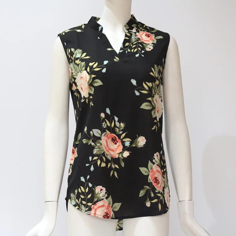 Модная винтажная блузка с цветочным принтом, рубашка, Летний шифон без рукавов, Сексуальная Блузка с v-образным вырезом, женские рубашки, Повседневная Свободная сорочка
