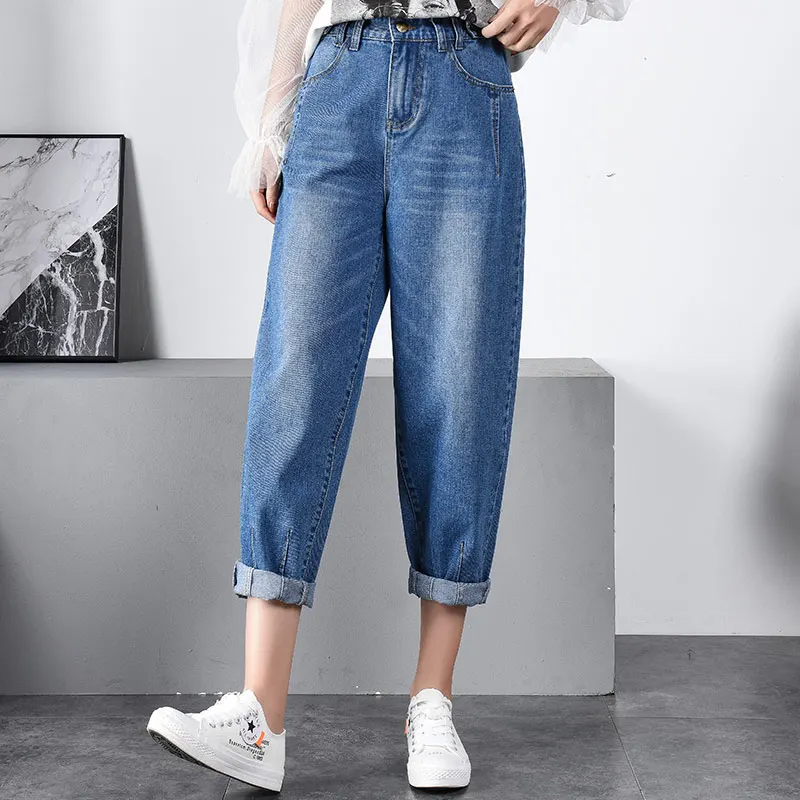 Повседневное джинсы штаны-шаровары для женщин высокого Капри по талии женские новые модные большие размеры синий весна-осень хлопок tyn0911
