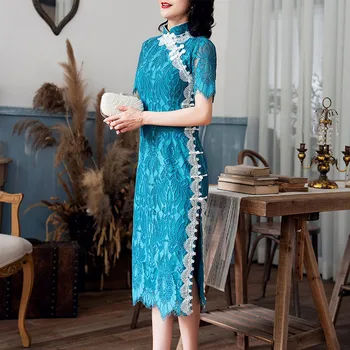 

2019 Dress Sexy Celebrity Lace Print Vintage Slit Short Elegant Women Turtleneck Chinese Style Body con Party Dresses Wholesale