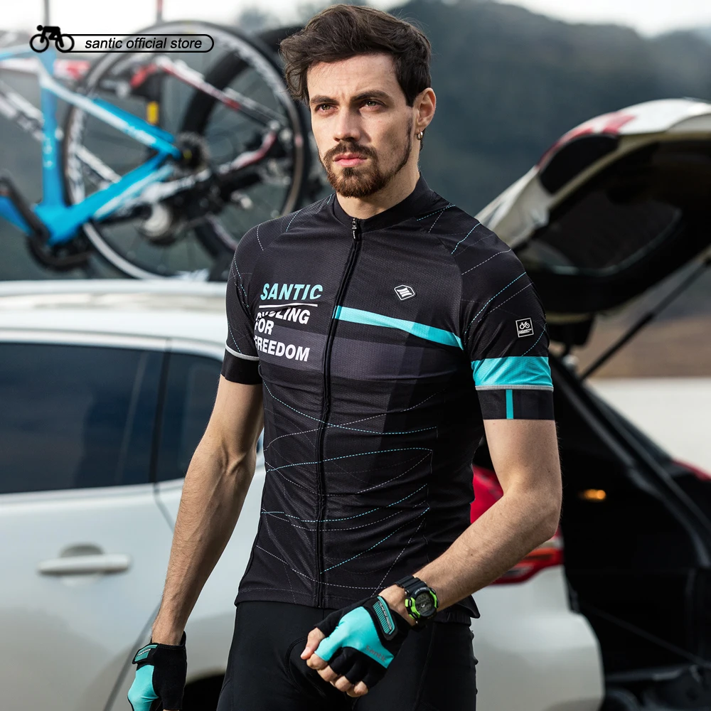 cheap Santic Men Cycling Short Jersey Pro Fit Two Colors Antislip Sleeve Cuff Road Bike MTB Short Sleeve Breathable Jerseys K7M2026