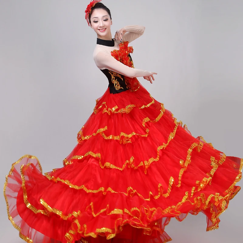 Открытый танец большой маятник платье испанское фламенко шоу представление танец полный-юбка взрослый женский танец хор национальный костюм H620