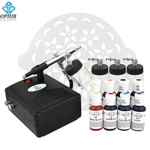 OPHIR Airbrush Cake Paint Tool 0.3mmAirbrush Kit with Air Compressor 7 America Edible Pigment & 15x Stencils for Cake Decorating