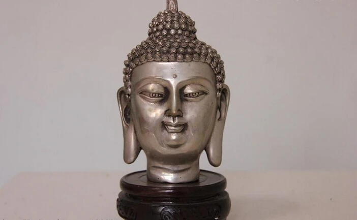 

Collectible bronze S2456 Tibet Buddhism Temple White Copper Silver Tathagata Sakyamuni Buddha Head Statue (B0328)