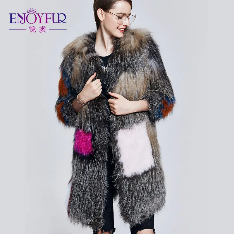 

ENJOYFUR Knitted Winter Coats Real Fox Fur Raccoon Dog Fur Coat Good Quality Patchwork Fur Jackets Thick Warm Winter Fur Coat