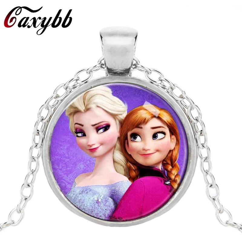 

Caxybb Silver necklace Elsa Anna Olaf cartoon girl jewelry round pendant necklace Girls sweater chain gift for children shipping