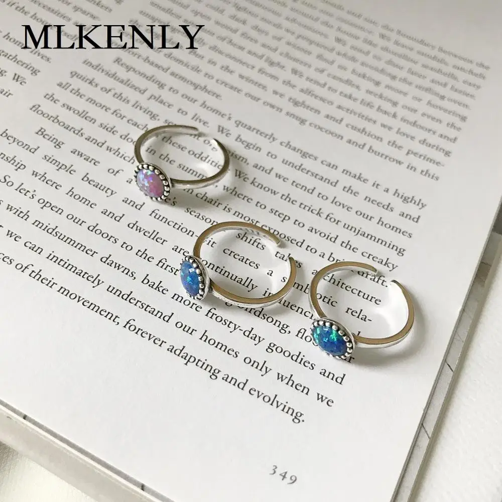 

MLKENLY 925 sterling silver open Ring Pink Dark blue Light blue Opals stone Ring for women charms fine silver jewelry