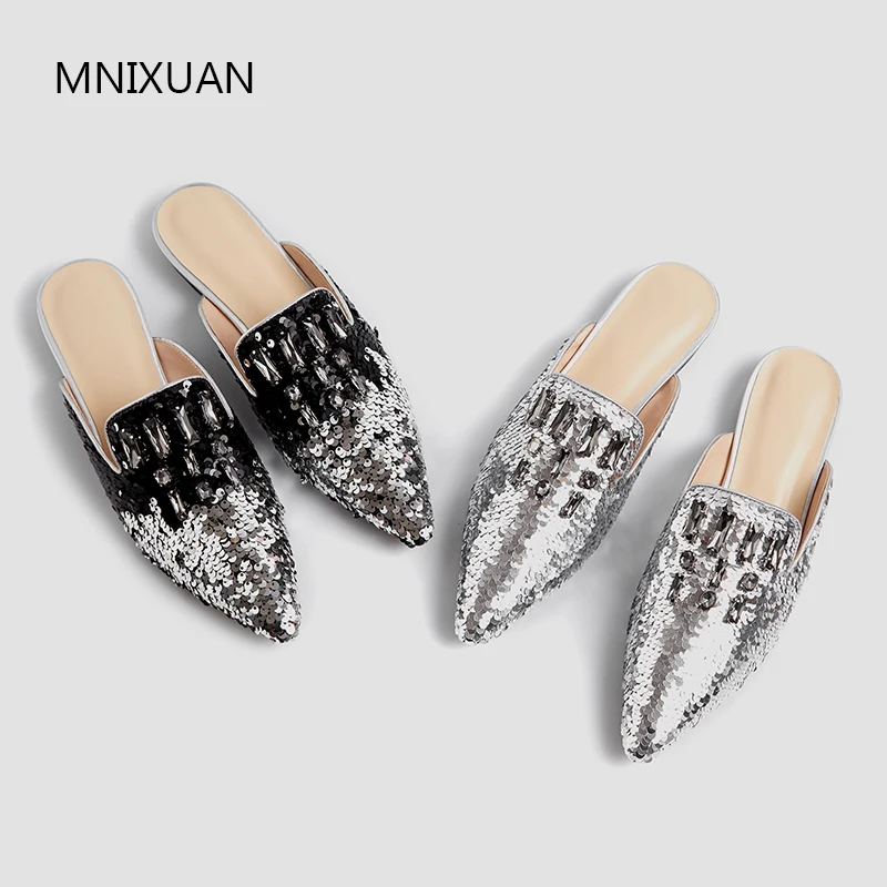 

MNIXUAN Fashion women mules shoes flats 2019 spring new pointed toe sequin bling slip on casual no heel slippers sandals Silver