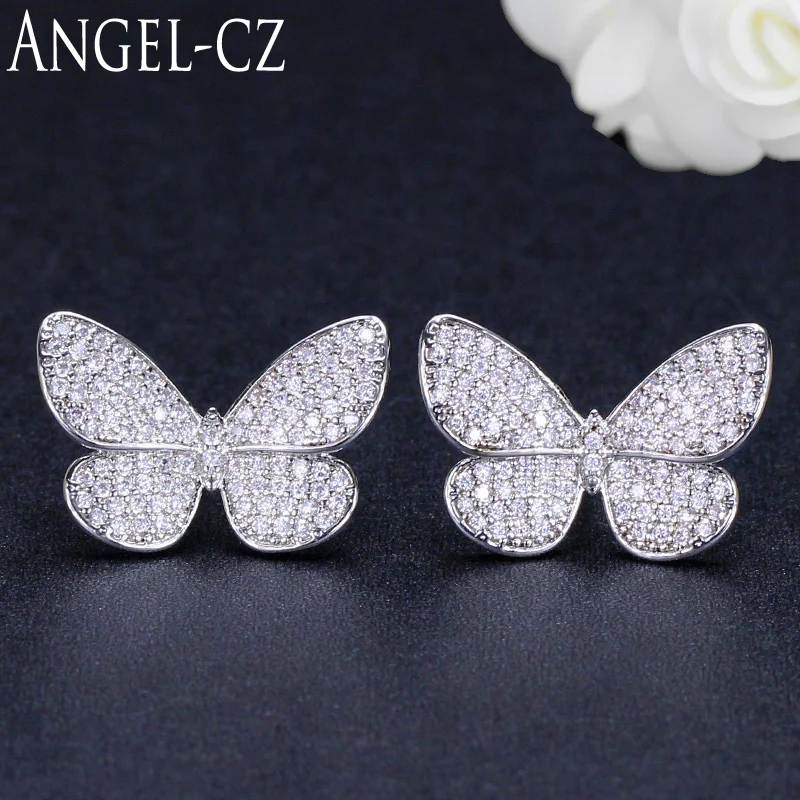 

ANGELCZ 3D Butterfly Design Full Micro Pave Tiny Cubic Zirconia Crystal Jewelry Funny Animal Stud Earrings For Women Gift AE172