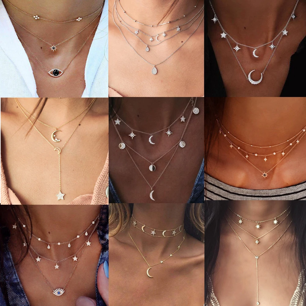 

Bohemian Multilayer Gold Color Moon Crystal Pendants Necklaces for Women Vintage Stars Eye Charm Chokers Necklace Party Jewelry