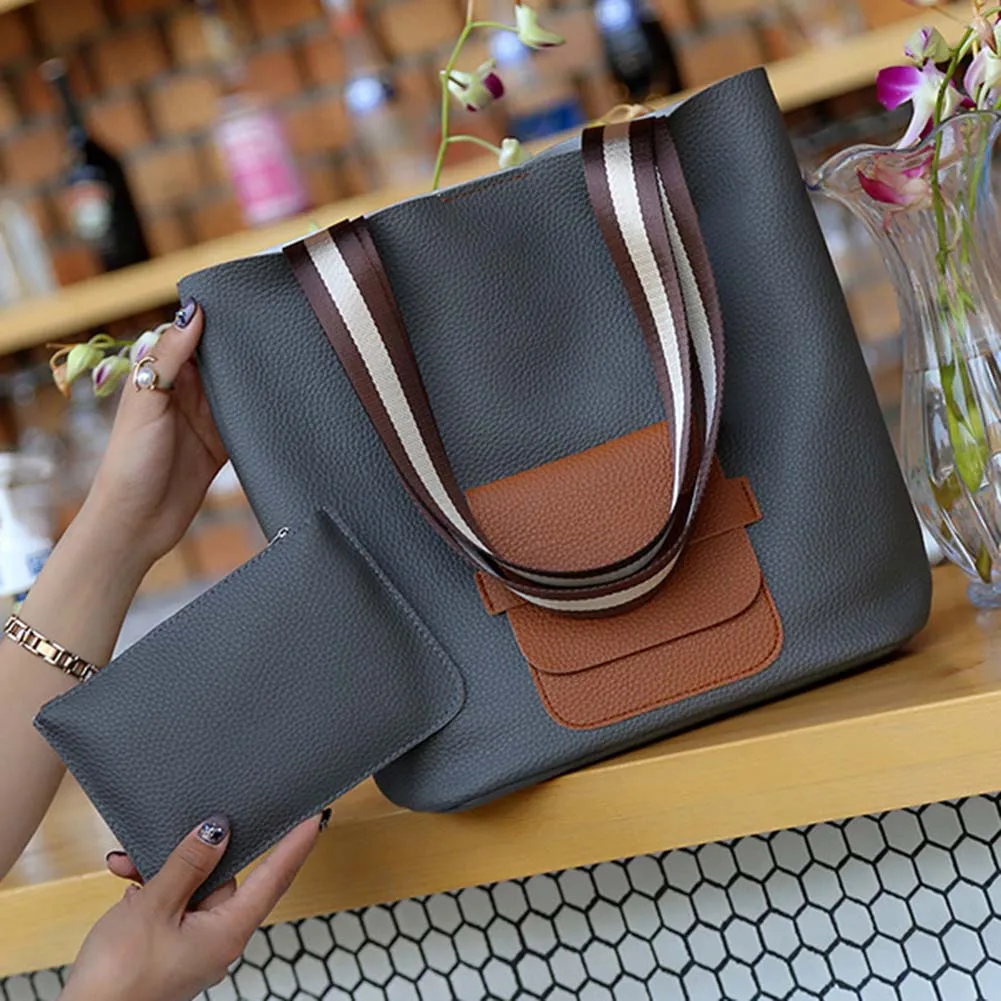 2 Pcs/Set Fashion Korean Women Shoulder Bags Purse PU Leather Striped