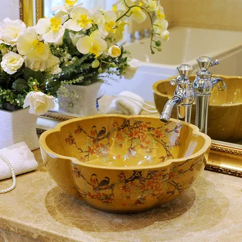 

Jingdezhen Ceramic Above Counter Basin Yellow Glaze Wash Basin Washbasin Art Wash Basin Hand Painted Petal Washbasin LO628201