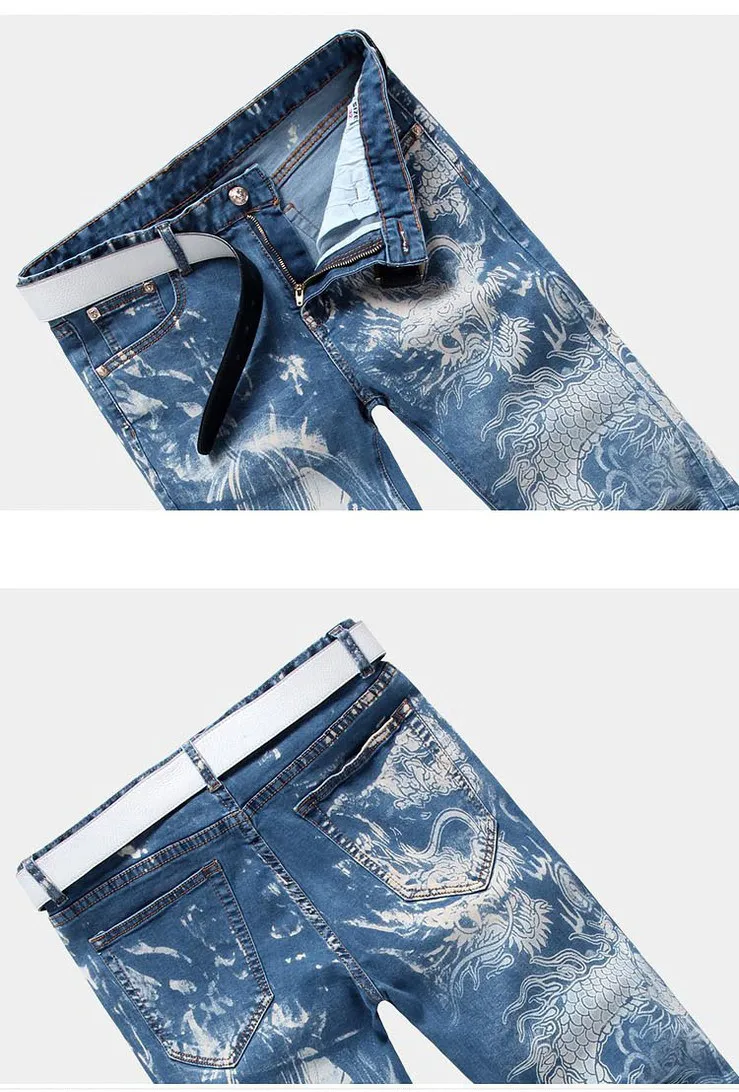 Sokotoo Мужская мода синий девушка и Дракон печати джинсы для женщин мужской повседневное Тонкий стрейч джинсовые по колено шорты