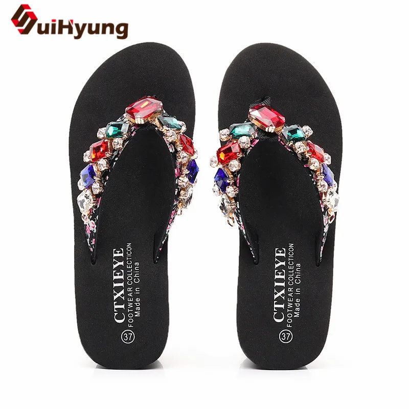 

Suihyung 2019 New Women Slippers Fashion Summer Outside Flip Flops Beaded Crystal Casual Wedges Slides Woman Beach Shoes Sandals