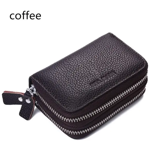 Fashion Women Card Holder Double Zipper Genuine Leather Wallet Credit Cards Case Bag coffee