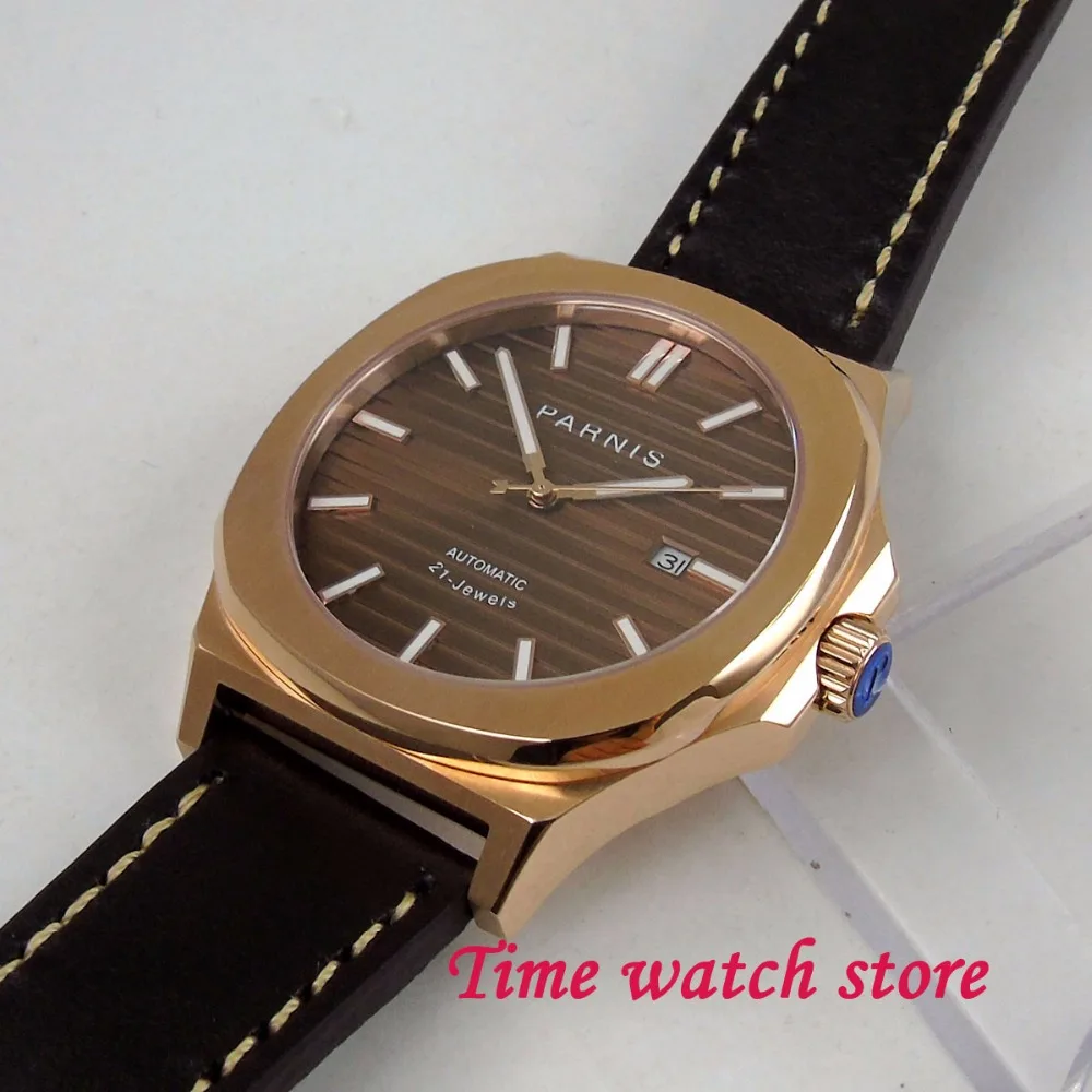 Parnis 44mm plated gold mechanical auto watch men waterproof square lether coffee dial luminous sap