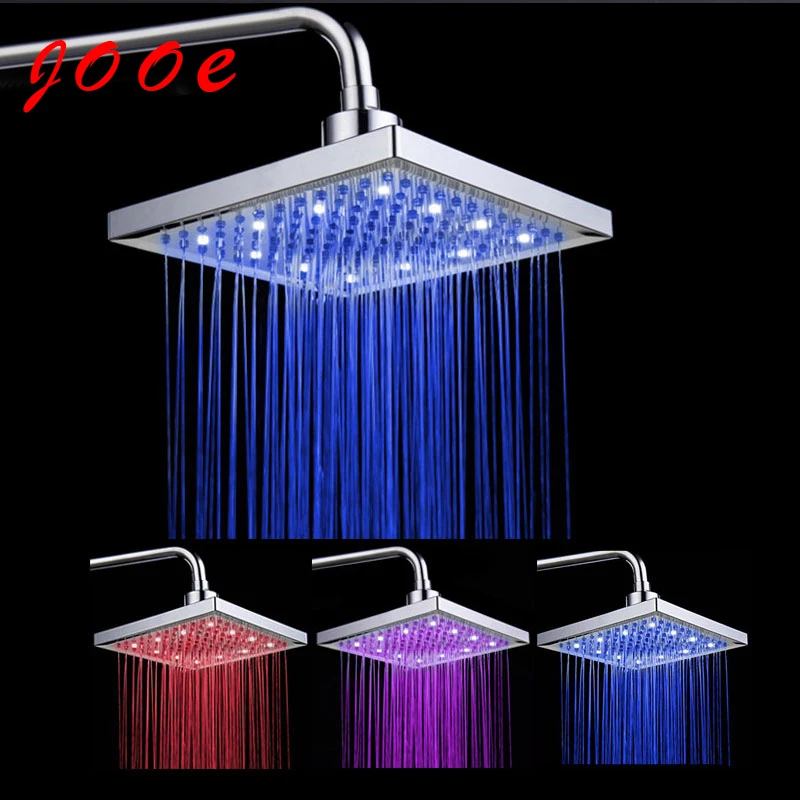 Jooe Square LED Rainfall Shower Head Lights Change With Water Temp Show 3 Color Rainfall