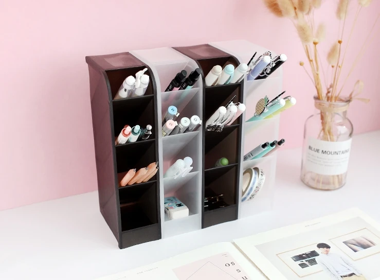 

Multi-function 4 Grid Desktop Pen Holder Office School Storage Case Clear 3 colors Plastic Box Desk Pen Pencil Organizer