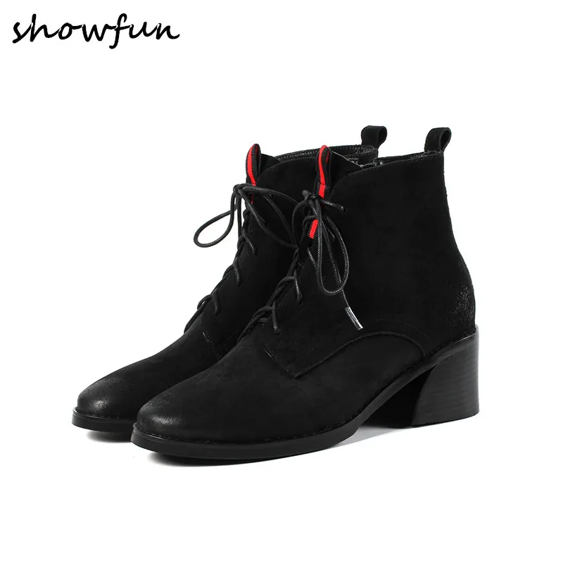 

Plus Size 34-43 Women's Genuine Suede Leather Gradient Toe Lace-up Ankle Boots Brand Design Med Heel Comfort Short Booties Shoes