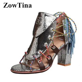 

Gladiator Design Women Sandals Shiny Leather Ankle Strap Summer Dress Party Pumps 8cm Chunky High Heels Chelsea Boot Sandalias