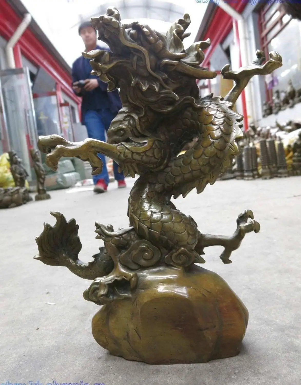 

14" China brass fine workmanship circle around dragon on stone Sculpture Statue