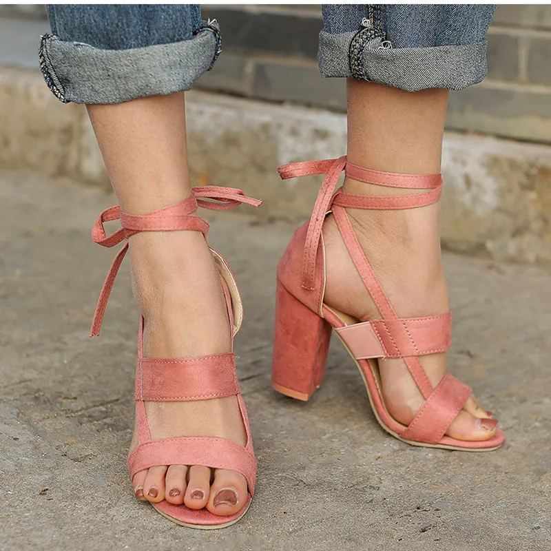 Women Sandals 2019 Fashion Summer Shoes Women High Heels Ladies Classic Sandals Block Heels Ankle Cross Strap Plus Size 34-43
