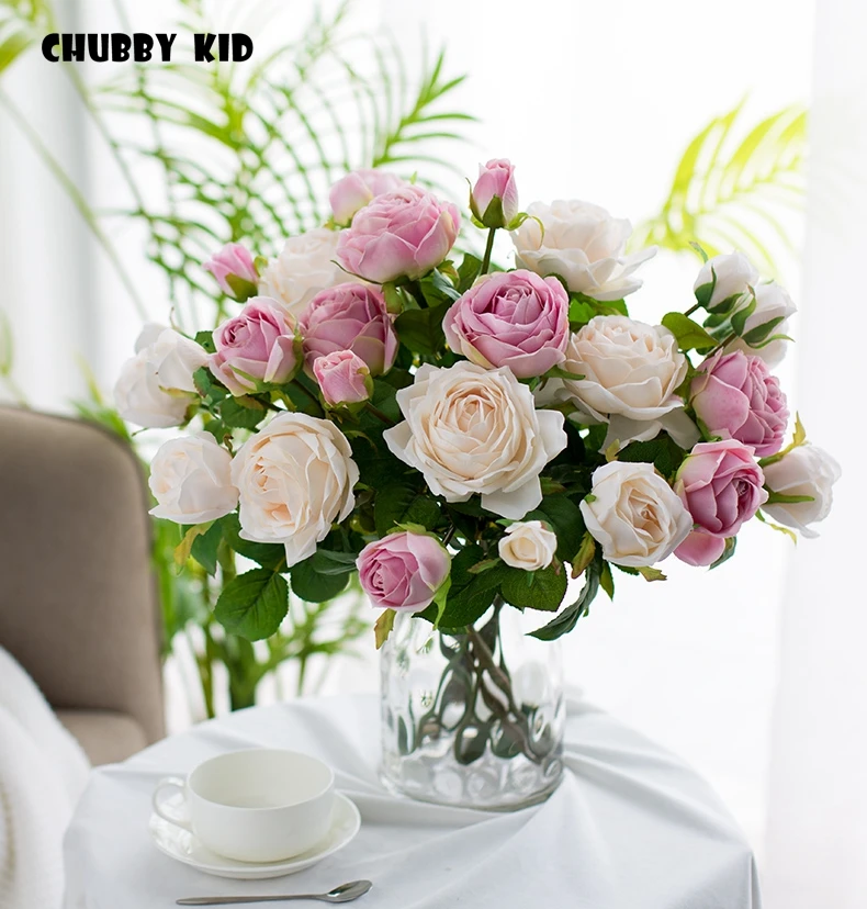 Оптовая продажа высокое качество 3 головки искусственные розы цветы Красивые поддельные розы Свадебные Декоративные Шелковые Розы
