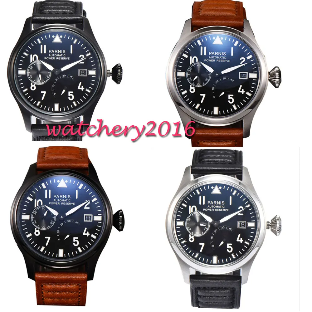 

47mm Parnis Black Dial Leather Valentines gifts Power Reserve Romantic Sweet SS Case Automatic Movement men's Watch