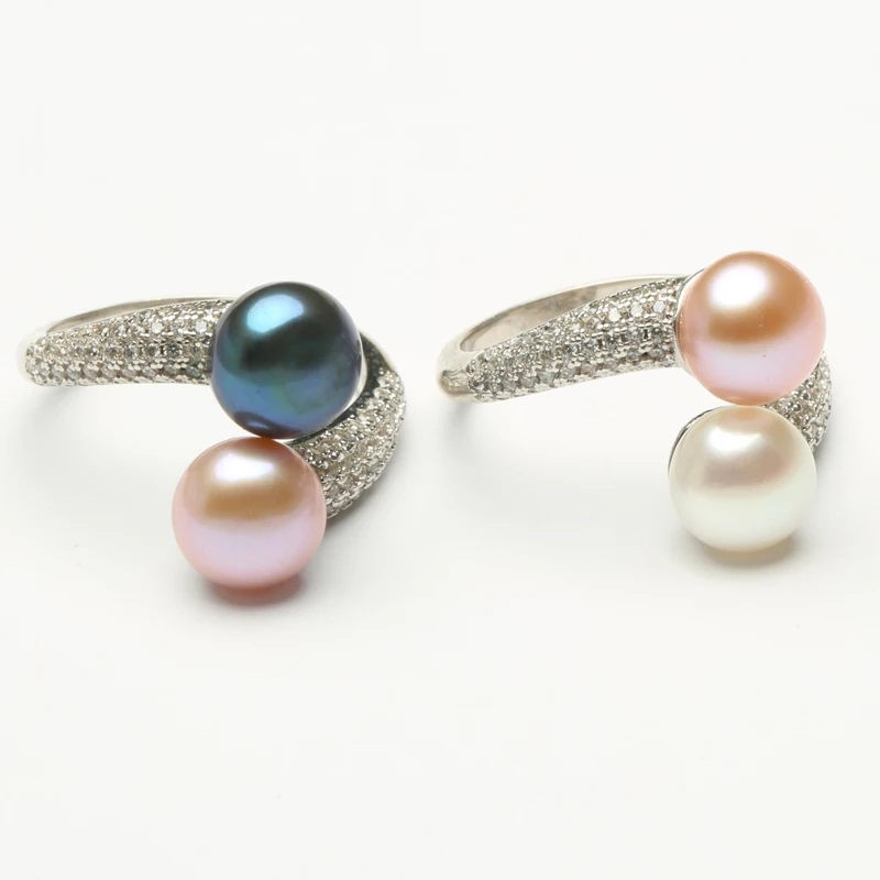 BaroqueOnly Natural Freshwater Pearl Jewelry 925 Sterling Silver TWO PEARL Rings For Women High Guality Zircon Wedding Gift silver ring wedding rings silver rings