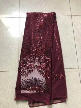 

fashion French Lace Fabric High Quality African Wine Red Tulle Embroidered flower sequins Lace Fabric For Wedding Party Dress