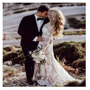 

LORIE Boho Long Sleeve Wedding Dress 2019 Robe de mariee Vintage Champagne Satin New Bridal Dress White Tulle Wedding Dresses