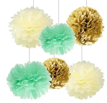 

9pcs Mint Cream Gold Tissue Paper Pom Pom Paper Flowers Birthday Table Decorations Baby Shower Nursery Decor Party Favors