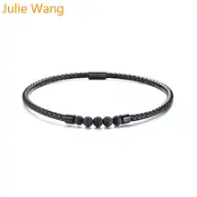 

Julie Wang Fashion Bracelet Men Magnetic Clasp Genuine Black Leather 8mm Lava Stone Beads Punk Bracelet Bangles Boy Jewelry