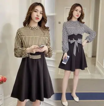 

Korean fashion women stripe dress casual pleated top clothes big size polyester o neck vestidos outfit lady with belt dresses