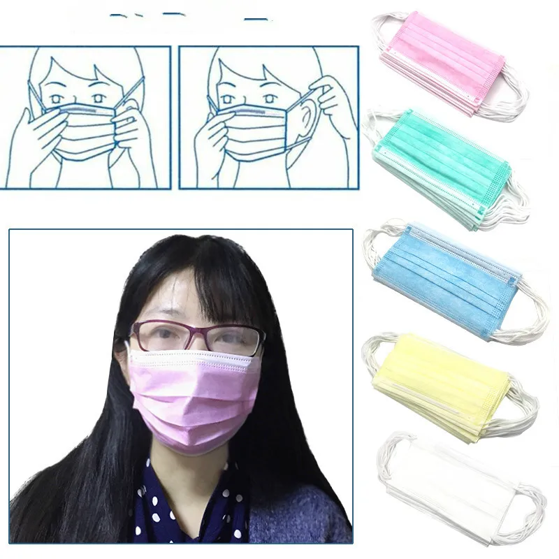 

50Pcs 3-Ply Anti-Dust Disposable Surgical Medical Salon Earloop Face Mouth Masks Green/Yellow/White/Pink/Blue/Black